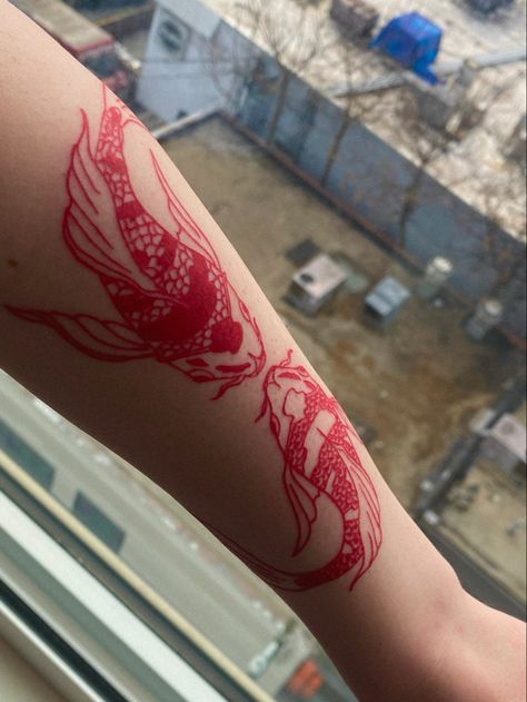 Koi Fish Tattoo Wrapped Around Arm, Red Koi Fish Tattoo For Women, Koi Fish Wrap Around Arm Tattoo, Large Koi Fish Tattoo, Red Leg Tattoos Women, Red Tattoo Arm, Koi Fish Arm Tattoo, Fish Arm Tattoo, Red Koi Fish Tattoo