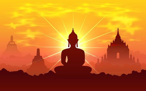 Vesak Day background vector illustration with temple and shinny Lord Buddha silhouette. Celebration Vesak Day Design. Vesak Day Design, Buddha Silhouette, Buddha Background, Vesak Day, Buddha Wallpaper, Lord Buddha, Day Background, Anime Tattoos, Buddhism