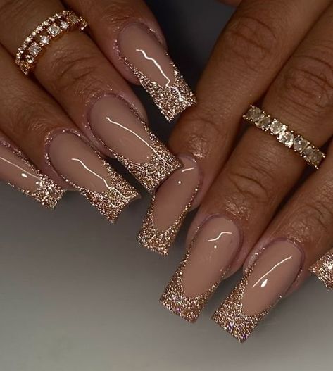 Glitter French Tips, Ballet Nails, Long Press On Nails, Birthday Nails, Prom Nails, Nail Arts, Nail Accessories, Gold Nails, Rhinestone Nails