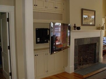 Corner Room Tv Ideas, Tv Mounted Next To Fireplace, Tv On Bracket In Corner, Wall Mounted Tv In Alcove, Tv Placement In Living Room, Traditional Family Rooms, Tv Placement, Tv Mounting, Tv Built In