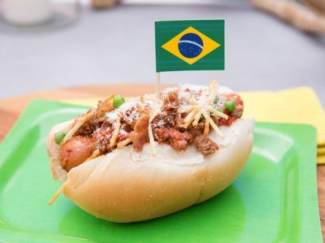 Jeff Mauro's Brazilian Hot Dog (Cachorro Quente) Brazilian Hot Dog Recipe, Recipes Hot Dogs, Brazil Food, Jeff Mauro, Brazilian Dishes, South American Recipes, Brazilian Recipes, Hot Diggity Dog, The Kitchen Recipes