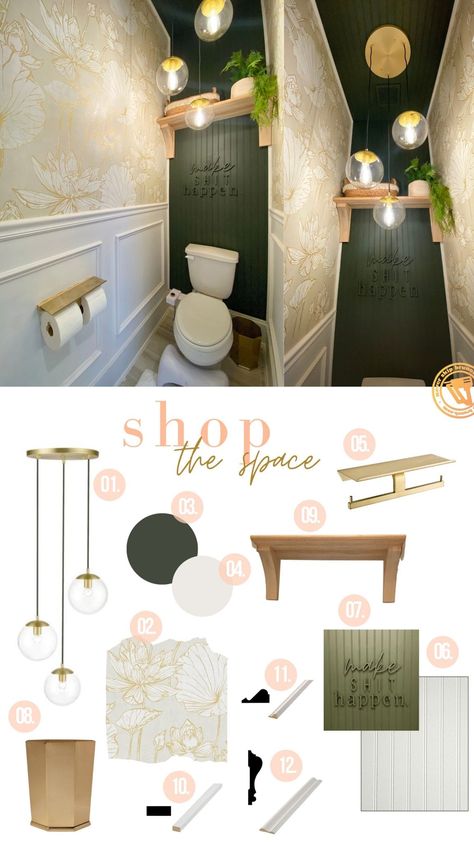 Small Half Bathroom With Wallpaper, Bathroom Ideas Small Gold, Guess Bathroom Ideas Modern, Small Closet Bathroom Ideas, Small Hall Wall Decor Ideas, Wall Planks Peel And Stick, Small Statement Bathroom, Small Bathroom Low Ceiling, Half Bathroom Renovation Ideas