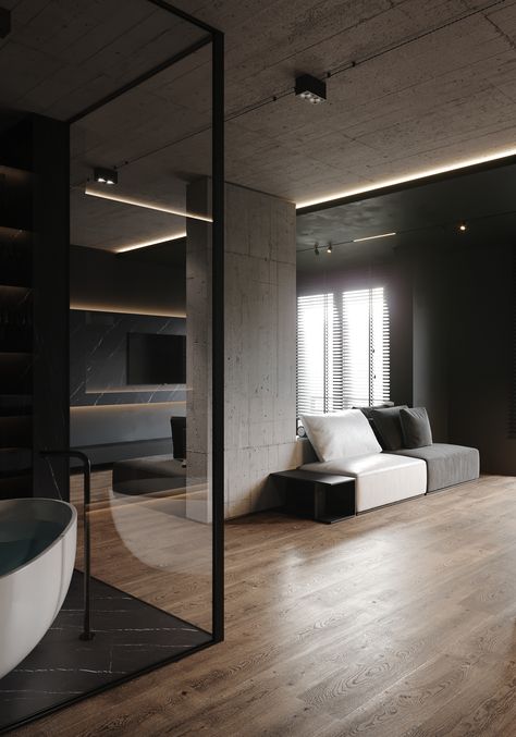 Concrete Bedroom, Loft Interiors, Dark Interiors, Interior Design Art, Décor Diy, Fireplace Design, Furniture Inspiration, Autodesk 3ds Max, Architecture Interior Design