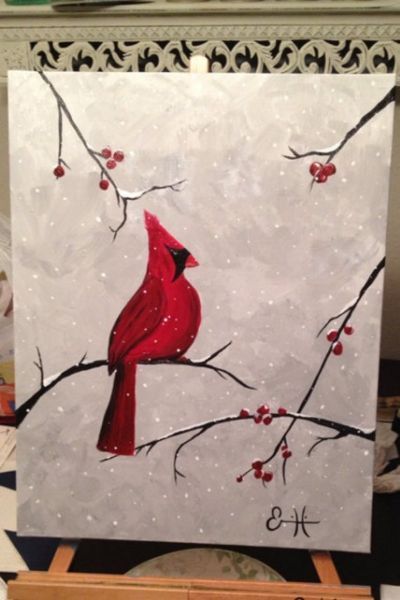 Christmas Paintings Easy, Red Bird Painting, Diy Christmas Light Decorations, Cardinal Painting, Easy Bird, Paintings Easy, Diy Christmas Lights, Silver Christmas Decorations, Christmas Table Centerpieces