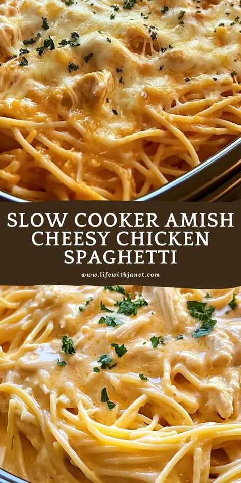 Amish Sister's Secret' is what we call it because everyone keeps asking for the recipe! Cheesy Chicken And Pasta Casserole, Amish Cheesy Chicken Spaghetti, Recipes With Chicken Crockpot, Slow Cooker Amish Chicken And Noodles, Chicken Spaghetti In Crockpot, Slow Cook Pasta Recipes, Ideas For Spaghetti Noodles, Amish Cooking Recipes, Chicken Pasta Slow Cooker Recipes