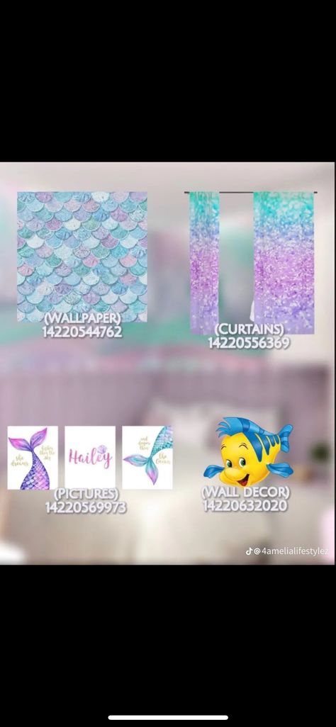 Bloxburg Mermaid Decal Codes, Stitch Decals Bloxburg, Barbie Decal Codes Bloxburg, Mermaid Decals Bloxburg, Bathroom Rug Decals Bloxburg, Town Decals, Princess Theme Bedroom, Pictures Codes, Bloxburg Food