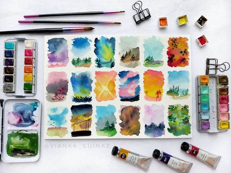 Vianka Guinaz on Instagram: “Mini sceneries & patterns. Best way to practice watercolor without pressure of creating something good. Made this in 30 minutes, just…” Paintings Sunset, Practice Watercolor, Markers Drawing Ideas, Not Caring, Artwork Watercolor, Watercolor Sketchbook, Interactive Art, Watercolor Art Lessons, Sunset Art