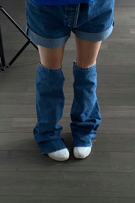 Denim Leg Warmers: How To Upcycle Jeans The 2022 Way How To Make Leg Warmers Out Of Jeans, Diy Jean Leg Warmers, Diy Jeans Leg Warmers, Legwarmers Outfit Jeans, Denim Leg Warmers Outfit, Leg Warmers Over Jeans, Jean Legwarmers, Denim Skirt With Leg Warmers, How To Make Leg Warmers