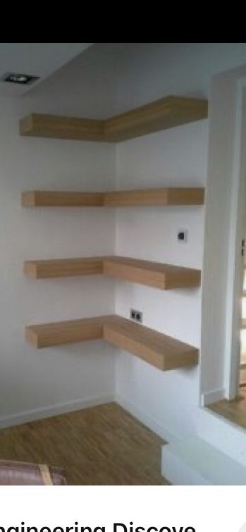 Invisible Shelf, Floating Shelves In Corner, Corner Wall Shelves Living Room, Home Corner Ideas, Shelves Ideas, Wide Angle Corner Shelf, Corner Zig Zag Shelves, Floating Corner Shelves Triangle, Enclosed Corner Wall Shelf