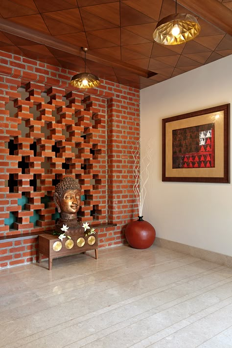 Sky's the Limit for This Brick-and-concrete Bungalow - dress your home - best interior design blog, home decor blog featuring Indian interior designers and architects, Bangalore Brick Design Interior, Brick House Interior Design, Bricks Decoration Ideas, Outside Wall Design House, Wall Brick Design, Brick Design Wall, Concrete Bungalow, Decorative Brick Wall, Brick Wall Interior