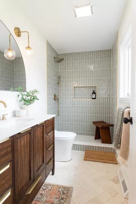 Modern Earthy Bathroom Design, Modern Earthy Master Bath, Middle Bathroom Ideas, Midsize Bathroom Ideas, Windowless Bathroom Ideas Modern, Farmhouse Stand Up Shower Ideas, Master Bath New Construction, Small Bathroom Remodel With Shower Only Modern, Small Bathroom Traditional