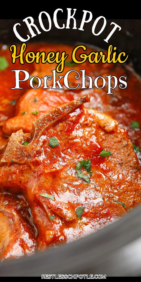 Easy Slow Cooker Honey Garlic Pork Chops are incredibly juicy and tender, perfectly glazed in a delicious honey garlic sauce. Crockpot Garlic Pork Chops, Slower Cooker Pork Chops, Pork Chop Recipes Slow Cooker, Crockpot Honey Garlic Pork Chops, Honey Garlic Pork Chops Crock Pot, Pork Chop Slow Cooker Recipes, Pork Chops In The Crock Pot Boneless, Crockpot Pork Chops Honey Garlic, Slow Cooker Honey Garlic Pork Chops