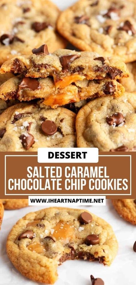 Soft, chewy, and filled with melted caramel, salted caramel chocolate chip cookies are  finished with a sprinkle of sea salt for a sweet and salty combination in every bite! Carmel Chocolate Chip Cookies, Caramel Chip Cookies, Salted Caramel Chocolate Chip Cookies, Melted Caramel, Salted Chocolate Chip Cookies, Chocolate Chip Pudding Cookies, Salted Caramel Cookies, Caramel Chocolate Chip Cookies, Gooey Cookies