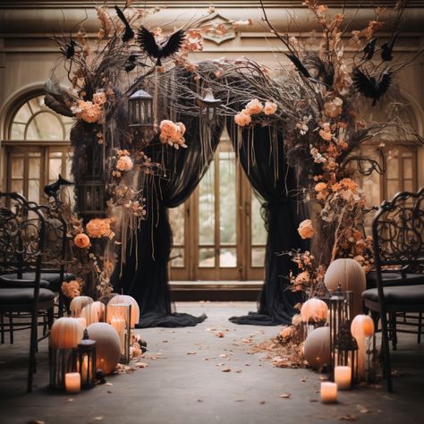 Enchanted Love: A Unique Halloween Wedding in Soft Pink and Owl Accents – A Sparkly Life for Me Halloween Wedding Aisle Decor, Moody Aisle Decor, Halloween Wedding Outdoor, Spooky Enchanted Forest, Spooky Wedding Reception, Gothic Halloween Wedding Ideas, Halloween Themed Wedding Decorations, Halloween Backyard Wedding, Halloween Wedding Aisle