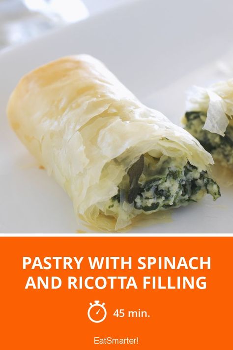 Pastry with Spinach and Ricotta Filling - simple dish - So healthy is the recipe: 86.0/10 | A recipe idea by EAT SMARTER | Filo Dough, Vegetable, Herb, pastry, Cheese, roulade, Asian, European, Greek, Turkish #leafygreenvegetable #healthyrecipes Spinach Ricotta Filo Pastry, Filo Dough, Ricotta Filling, Spinach And Ricotta, Ricotta Recipes, Spinach Ricotta, Healthy Delicious Recipes, Best Appetizer, Best Appetizer Recipes