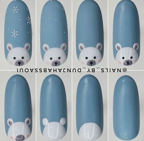 Reighndeer Nails, Gonk Nails Step By Step, Christmas Nails Animals, Winter Animal Nail Art, Christmas Nails Step By Step Design, Polar Bear Christmas Nails, Sweater Nail Tutorial, Polar Bear Nails Christmas, Christmas Nails Polar Bear