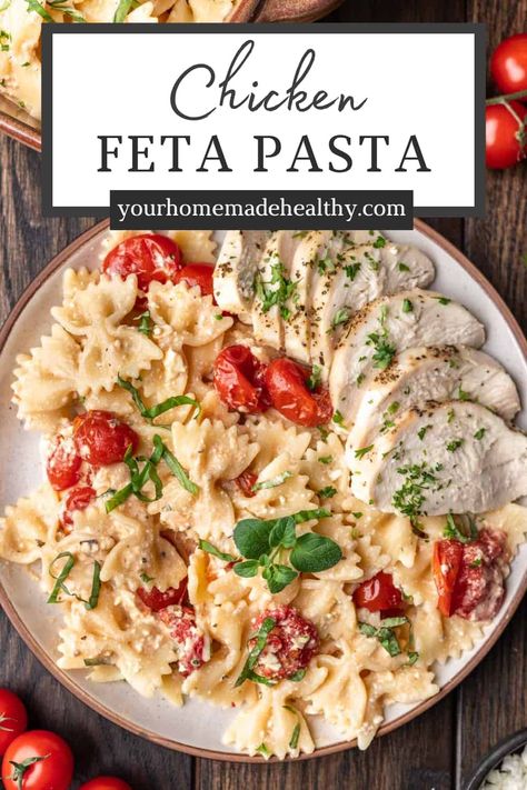 Chicken Spaghetti With Roasted Tomatoes, Chicken Feta Pasta Recipes, Rotisserie Chicken Feta Recipes, Chicken Feta Casserole, Feta Tomato Pasta With Chicken, Chicken With Feta Cheese, Chicken Feta Tomato Recipe, Feta Chicken Recipes, Chicken With Cherry Tomatoes Recipe