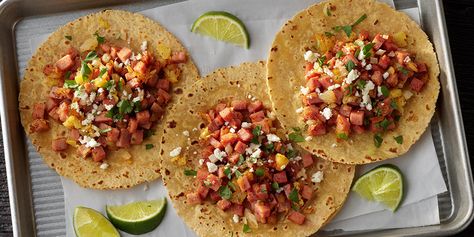 Spam Tacos, Beef Tacos Crockpot, Shredded Beef Tacos Crockpot, Tacos Crockpot, Waffle Sandwich Breakfast, Hearty Breakfast Recipes, Fried Spam, Pastor Tacos, Spam Recipes