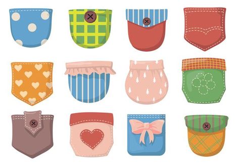 Variety of colorful patch pockets flat i... | Free Vector #Freepik #freevector #heart #fashion #button #cartoon Image Couture, Patch Pocket Pattern, Pocket Illustration, Texture Cuir, Cute Vector, Jean Pockets, Heart Fashion, Denim Patches, Triangle Design