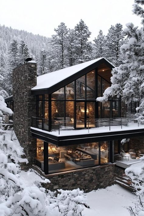 Charming stone and glass house in snowy forest. From rustic mountain retreats to urban lofts with views worth a million bucks (or maybe we’re just out of breath from the altitude), Colorado homes have their very own kind of charm. House Plans Mountain Home, Glass Mountain House, Montana Aesthetic Home, Stone And Glass House, Mountain Side Homes, Modern Chalet Architecture, Mountain House Aesthetic, Luxury Mountain Homes Interiors, Home In Mountains