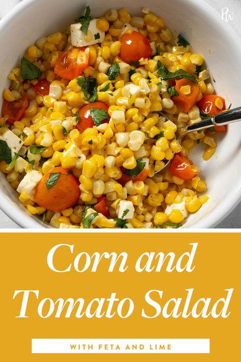 Tomato Salad With Feta, Corn And Tomato Salad, Calories Food, Corn Tomato Salad, Corn And Tomato, Cooking Vegetarian, Vegetable Recipe, Salad With Feta, Lime Recipes