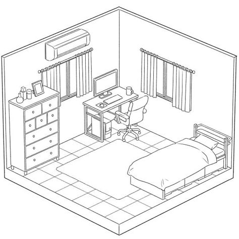 Gamer Room Drawing, Drawing A Bedroom, Room Decor Sketches, Manga Bedroom Drawing, Dream Bedroom Drawing, Bedroom Isometric Drawing, Simple Room Drawing Reference, 3d Bedroom Drawing, Interior Design Sketches Bedroom