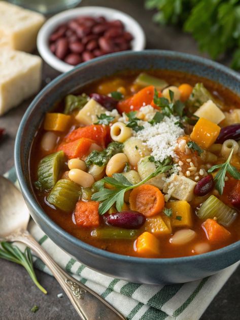 Autumn Minestrone Soup🥘  Warm up with our hearty Autumn Minestrone loaded with seasonal vegetables! It's like a garden in a bowl.  What veggies would you add to your perfect minestrone? . #recipes #food #salad #soup #delicious #vegetables #cooking #pasta #foodie #yummy #healthyfood Romanticize Winter, Soup Aesthetic, Vegetarian Soups, Cooking Pasta, Salad Soup, Seasonal Vegetables, Food Salad, Aesthetic Cozy, Minestrone Soup