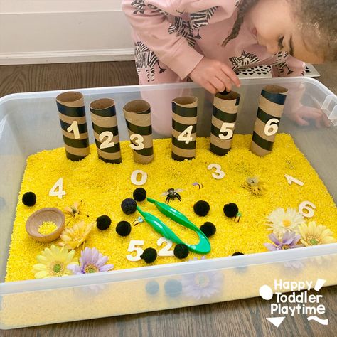 Bumble Bee Eyfs Activities, Honeybee Sensory Bin, Honey Bee Sensory Bin, Eyfs Bees Activities, Dramatic Play Bee Hive, Bee Sensory Table, Bee Party Activities, Bee Week Preschool, Bee Activity For Toddlers