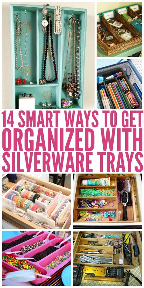 Why limit silverware trays to a drawer? Here's a list of different diy tips and ideas to use them for organizing other things all around the house. Ways To Get Organized, Silverware Drawer Organizer, Silverware Organization, Silverware Tray, Crafts For Teens To Make, Creative Organization, Ways To Organize, Tray Organization, Organization Printables