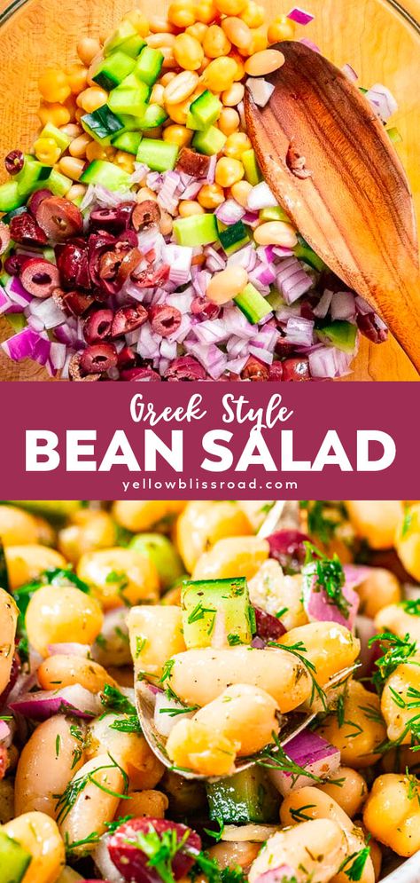 This easy Greek-style bean salad is super simple and packed with both flavor and gorgeous color.  Serve it with warm pita chips for a perfect appetizer idea! 3 Bean Salad Recipe, Simple Salad Dressing, Easy Vinaigrette, 3 Bean Salad, Crispy Baked Chicken Thighs, Zucchini Crisps, Blanching Green Beans, Greek Vinaigrette, Summer Food Party