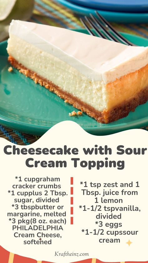 A luscious Cheesecake with Sour Cream Topping, featuring creamy layers of PHILADELPHIA Cream Cheese on a golden graham cracker crust, topped with a rich sour cream layer. Perfect for desserts and celebrations. Cheesecake With Frosting, Sour Cream Cheesecake Recipes, Cheesecake Recipes With Sour Cream, Cheesecake Recipes Sour Cream, Sour Cream Topping For Cheesecake, Cream Cheese Pie With Sour Cream Topping, Cheesecake Sour Cream Topping, No Bake Cheesecake With Sour Cream Topping, Sour Cream Cheesecake Topping