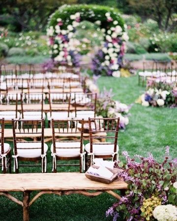 Enchanting Garden Ceremony in Purple and Green | Jose Villa Photography Wedding Aisle Outdoor, Wedding Arch Rustic, Ceremony Chairs, Spring Wedding Decorations, Aisle Flowers, Wedding Aisle Decorations, Ceremony Seating, Martha Stewart Weddings, Aisle Decor