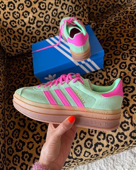 Colourful Adidas Shoes, Green And Pink Gazelle, Platform Gazelle Adidas, Colorful Adidas Shoes, Pink And Green Gazelles, Gazelle Adidas Platform, Adidas Gazelle Bold Pink Outfit, Adidas Gazelle Aesthetic, Adidas Gazelle Bold Outfit