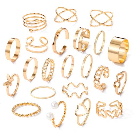 Rings Pack, Hollow Heart, Gold Statement Ring, Infinity Heart, Pearl Design, Stacked Jewelry, Rings Set, Heart Decorations, Cute Rings