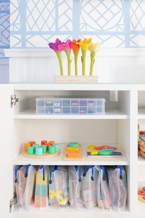 The Container Store Playroom, Kallax Playroom Storage, Ikea Besta Playroom, Lovevery Toy Organization, Kallax Ikea Playroom, Kallax Playroom Ideas, Ikea Kallax Playroom, Kallax Playroom, Pottery Barn Kids Playroom