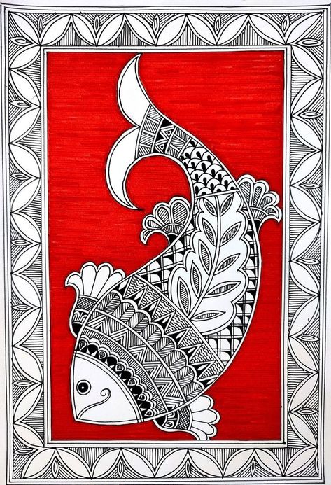 Madhubani Art Fish Design, Kalamkari Art Easy, Madhubani Art Krishna, Kalamkari Painting Easy, Madhubani Art Easy, Madhubani Fish, Water Clock, Gond Painting, Madhubani Paintings