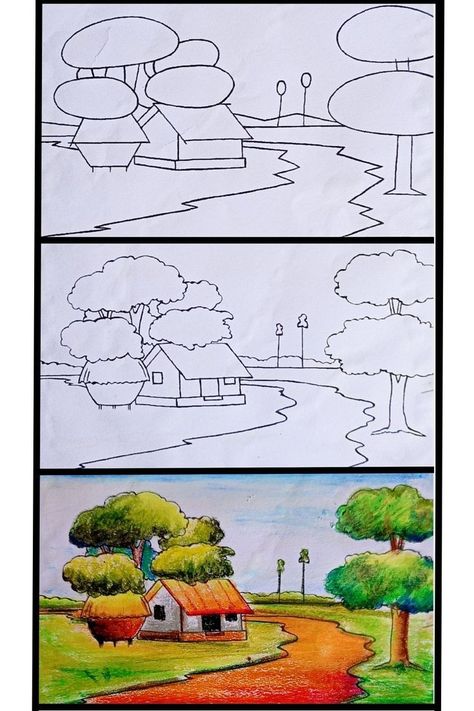 Draw Scenery, Scenery Drawing For Kids, Easy Scenery, Easy Scenery Drawing, Drawing Scenery, Scenery Drawing, Art Kits For Kids, Drawing Lessons For Kids, Nature Art Drawings