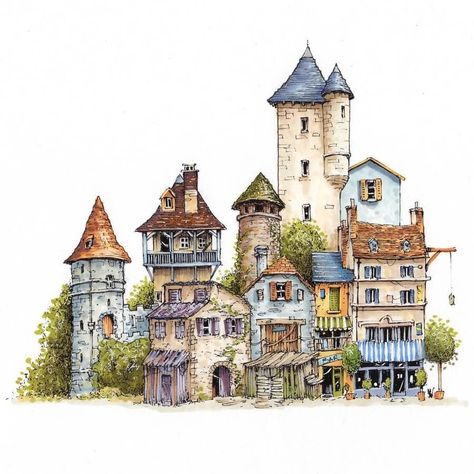 Town Drawing, Town Art, French Town, Fantasy Architecture, Watercolor Blog, Building Drawing, Building Illustration, Architecture Drawing Art, Building Art