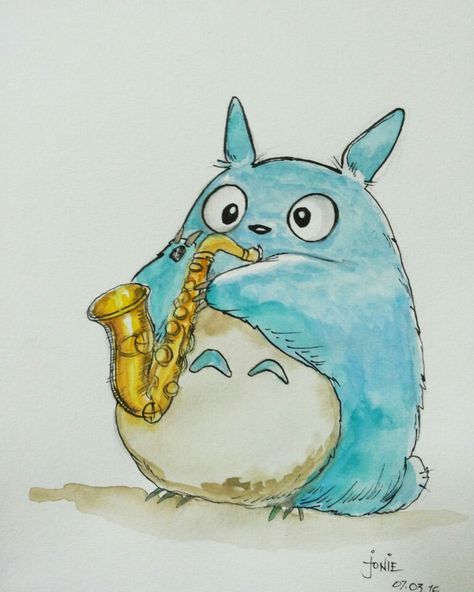 Totoro with saxophone. Watercolor painting. Check out my ig @joniecruzreyes Ghibli Tattoo, Music Illustration, Studio Ghibli Art, Ghibli Art, Watercolor Art Lessons, Cute Doodle Art, My Neighbor Totoro, Cute Anime, Ink Illustrations