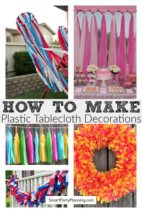 These 12 easy plastic tablecloth decorations will make decorating for parties a breeze. With all the items easily purchased from dollar stores, they are not only effective and easy to make, but really cheap too.  Whether you want to make a photo booth backdrop, streamers or simply jazz up table runners, all the party ideas are here for you. Party decoration could not be easier. Tablecloth Birthday Decorations, Diy Fabric Party Decorations, Tablecloth Decorations For Party, Table Cloth Door Decorations, Streamer Table Decorations, Carnival Tent Diy Plastic Tablecloth, Garland Out Of Plastic Tablecloth, Plastic Tablecloth Curtains Diy, Using Plastic Tablecloths To Decorate