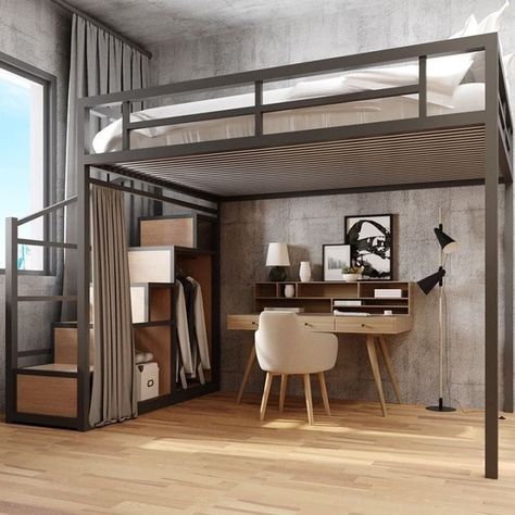 Adult Loft Bed, Suspended Bed, Loft Beds For Small Rooms, Apartemen Studio, A Loft Bed, Beds For Small Rooms, Loft Style Bedroom, Loft Bed Plans, Loft House Design