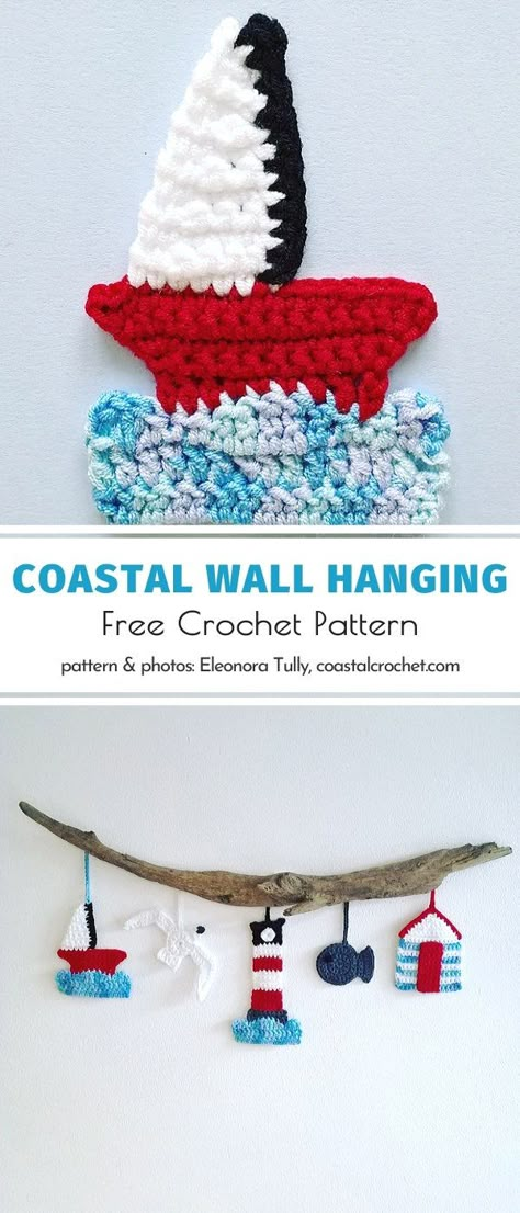 Surf Crochet, Crochet Beach Theme, Crochet Nautical, Nautical Crochet Patterns Free, Crochet Anchor Pattern Free, Crochet Nautical Patterns, Free Nautical Crochet Patterns, Seaside Crochet, Crochet Sailboat Applique Free Pattern