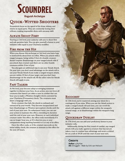 Scoundrel: Rogish Archetyle | The Ranged Equivalent of the Swashbuckler. Befuddle your Foes with your Charms at a Distance! [A Xyrlian Homebrew] : UnearthedArcana Dnd 5e Rogue, Arcane Runes, Rogue Archetypes, Dnd Rogue, D D Rogue, D&d Star Wars, Dnd Things, Dnd Homebrew, D D Classes