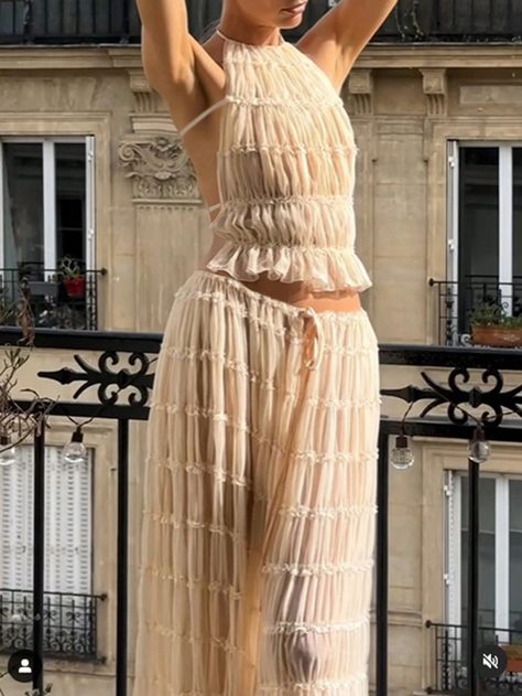 Apricot Chiffon Multi-Layered Pleated Lace Floral Halter Vacation Dress SetI discovered amazing products on SHEIN.com, come check them out! Vacation Maxi Dress, Vacation Dress, Vacation Dresses, Dress Set, Here Comes The Bride, Two Piece Outfit, Multi Layering, Set Dress, Apricot