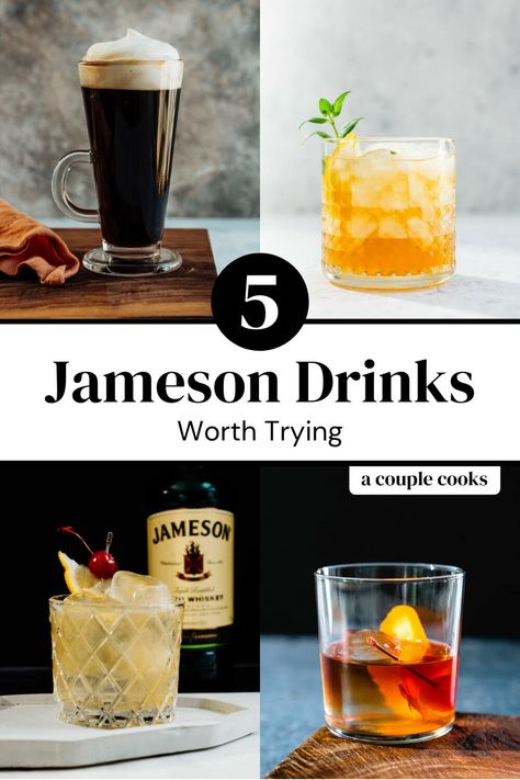 Here are all the best Jameson drinks and Irish whiskey cocktails! Make these festive mixed drinks using the Irish whiskey you have on hand. #irishwhiskey #jameson #jamesoncocktails #jamesondrinks #jamesonwhiskey #irishdrinks #irishcocktails Jameson And Sprite, Irish Whiskey Cocktails, Jameson Whiskey Drinks, Irish Whiskey Drinks, Jameson Drinks, Good Whiskey Drinks, Jameson Cocktails, Irish Mule, Friday Cocktails