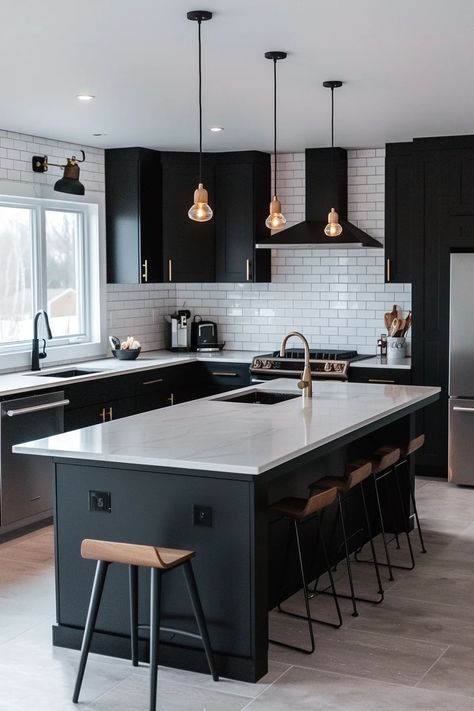 32 Black Kitchen Cabinet Ideas: Depth Without the Dark Black Kitchen Cabinets White Floor, Black Cabinets With White Walls, Kitchen Renovation Dark Cabinets, Light Wood Floors Black Cabinets, Black Kitchen Cabinets With Wood Accents, Black Cabinets Black Appliances, Black And White With Wood Kitchen, Muted Kitchen Cabinets, Kitchen With Dark Grey Cabinets