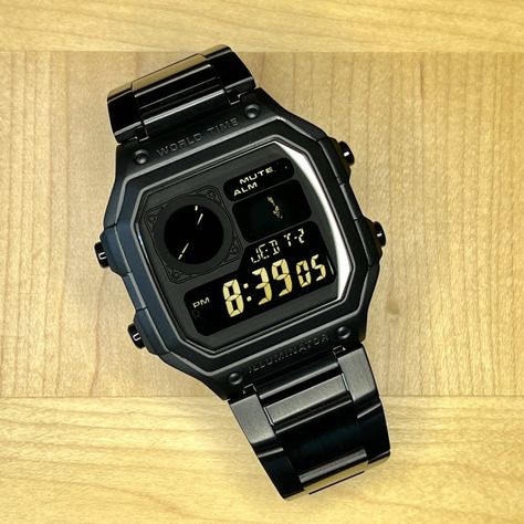 Casio AE1200 SKXMod black stainless steel replacement case, sterile black faceplate, negative LCD, hydromod Ae1200 Mod, Casio Ae1200, All Black Watches, Casio Vintage Watch, Casio Digital, Casio Watches, Bike Cover, Affordable Watches, Retro Watches