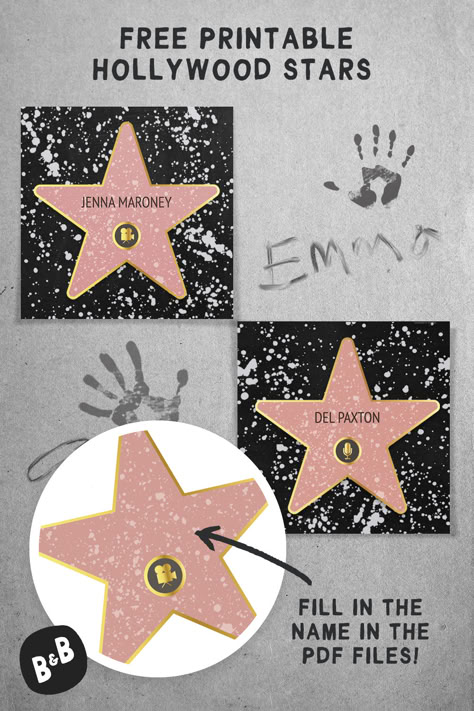 An example of our free printable Hollywood stars in use and a close-up showing how to fill in the Hollywood stars printable PDF Hollywood Decorations Diy, Walk Of Fame Star Template, Diy Hollywood Stars Walk Of Fame, Diy Walk Of Fame Stars, Old Hollywood Homecoming Theme, Hollywood Theme Float Ideas, Diy Hollywood Star, Night Of The Stars Party Theme, Movie Theme Bulletin Board Ideas