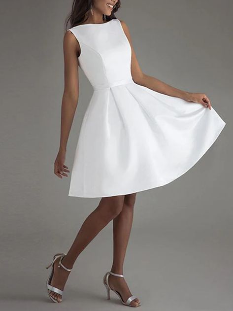 A-Line Cocktail Dresses Minimalist Dress Valentine's Day Wedding Guest Knee Length Sleeveless Boat Neck Satin V Back with Sleek Bow(s) Pure Color 2024 2024 - $112.99 Short Bridal Dress, Knee Length Wedding Dress, White Bridal Gown, Backless Dress Short, Summer Wedding Dress Beach, Satin Short, Wedding Dress Fabrics, Backless Wedding, Wedding Dresses Satin