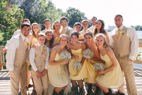 yellow and tan wedding colors, perfect! Yellow And Tan Wedding, Yellow Bridesmaid Dresses With Groomsmen, Yellow Groomsmen Attire, Groomsmen Attire Khaki, Yellow Groomsmen, Yellow Wedding Party, Tan Wedding Colors, Beige Wedding Theme, Tan Groomsmen Suits